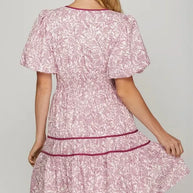 She + Sky Full Size Printed V-Neck Puff Sleeve Tiered Dress-Dresses-Trendsi-[option4]-[option5]-[option6]-[option7]-[option8]-Shop-Boutique-Clothing-for-Women-Online