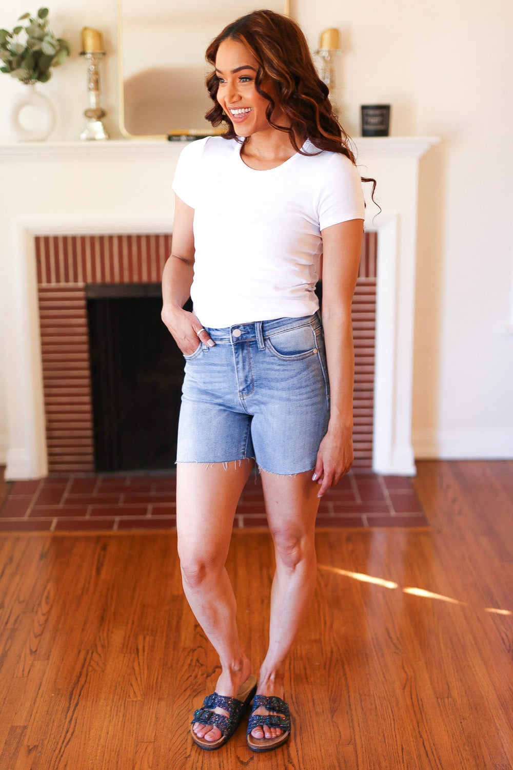 Judy Blue Medium Wash Mid Rise Cut Off Jean Shorts-Judy Blue-[option4]-[option5]-[option6]-[option7]-[option8]-Shop-Boutique-Clothing-for-Women-Online