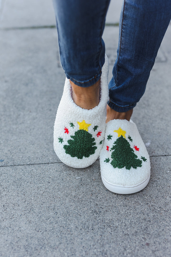 Christmas Tree Print Fleece Slippers-Cezanne-[option4]-[option5]-[option6]-[option7]-[option8]-Shop-Boutique-Clothing-for-Women-Online