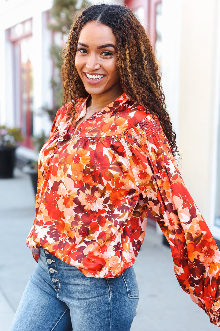 Fall Vibes Rust Floral Print Notched Neck Smocked Satin Top-Haptics-[option4]-[option5]-[option6]-[option7]-[option8]-Shop-Boutique-Clothing-for-Women-Online