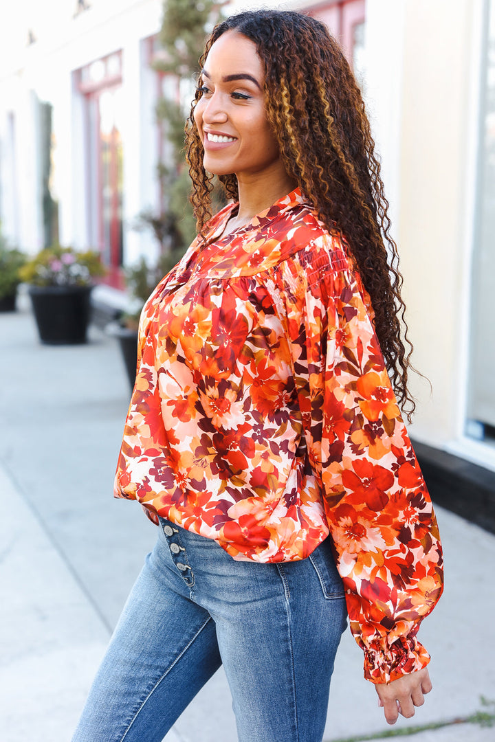 Fall Vibes Rust Floral Print Notched Neck Smocked Satin Top-Haptics-[option4]-[option5]-[option6]-[option7]-[option8]-Shop-Boutique-Clothing-for-Women-Online