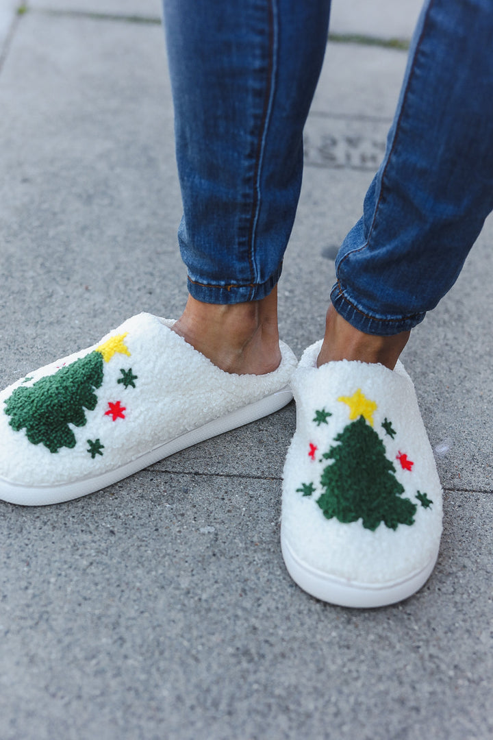 Christmas Tree Print Fleece Slippers-Cezanne-[option4]-[option5]-[option6]-[option7]-[option8]-Shop-Boutique-Clothing-for-Women-Online