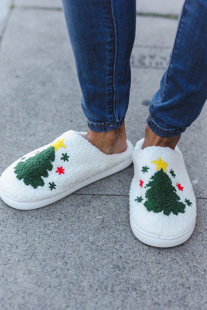 Christmas Tree Print Fleece Slippers-Cezanne-[option4]-[option5]-[option6]-[option7]-[option8]-Shop-Boutique-Clothing-for-Women-Online