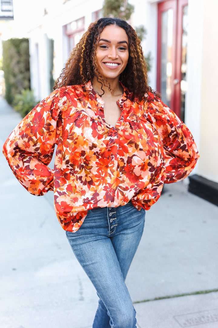 Fall Vibes Rust Floral Print Notched Neck Smocked Satin Top-Haptics-[option4]-[option5]-[option6]-[option7]-[option8]-Shop-Boutique-Clothing-for-Women-Online