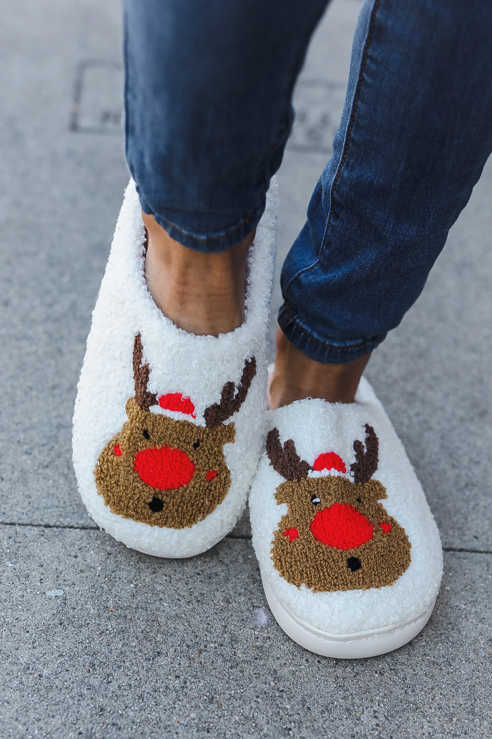 Holiday Red Nose Reindeer Print Fleece Slippers-Cezanne-[option4]-[option5]-[option6]-[option7]-[option8]-Shop-Boutique-Clothing-for-Women-Online