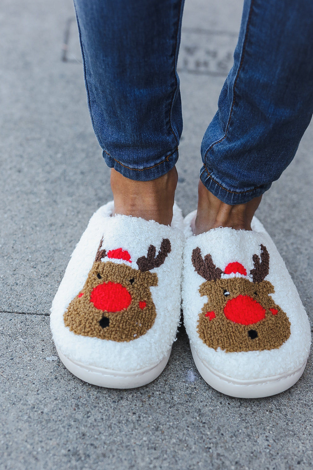 Holiday Red Nose Reindeer Print Fleece Slippers-Cezanne-[option4]-[option5]-[option6]-[option7]-[option8]-Shop-Boutique-Clothing-for-Women-Online