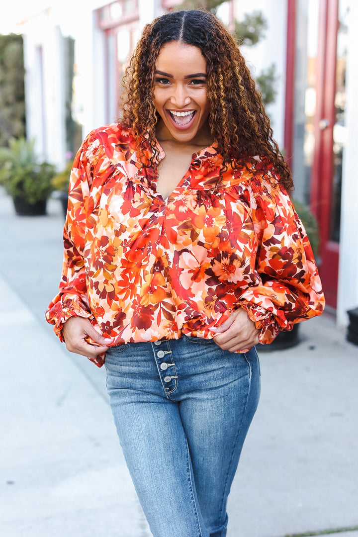 Fall Vibes Rust Floral Print Notched Neck Smocked Satin Top-Haptics-[option4]-[option5]-[option6]-[option7]-[option8]-Shop-Boutique-Clothing-for-Women-Online