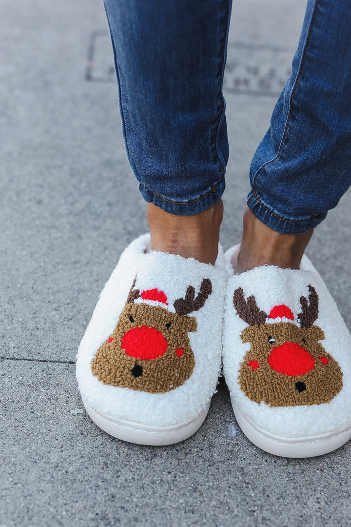 Holiday Red Nose Reindeer Print Fleece Slippers-Cezanne-[option4]-[option5]-[option6]-[option7]-[option8]-Shop-Boutique-Clothing-for-Women-Online