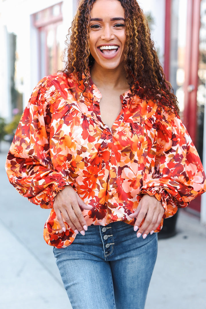 Fall Vibes Rust Floral Print Notched Neck Smocked Satin Top-Haptics-[option4]-[option5]-[option6]-[option7]-[option8]-Shop-Boutique-Clothing-for-Women-Online