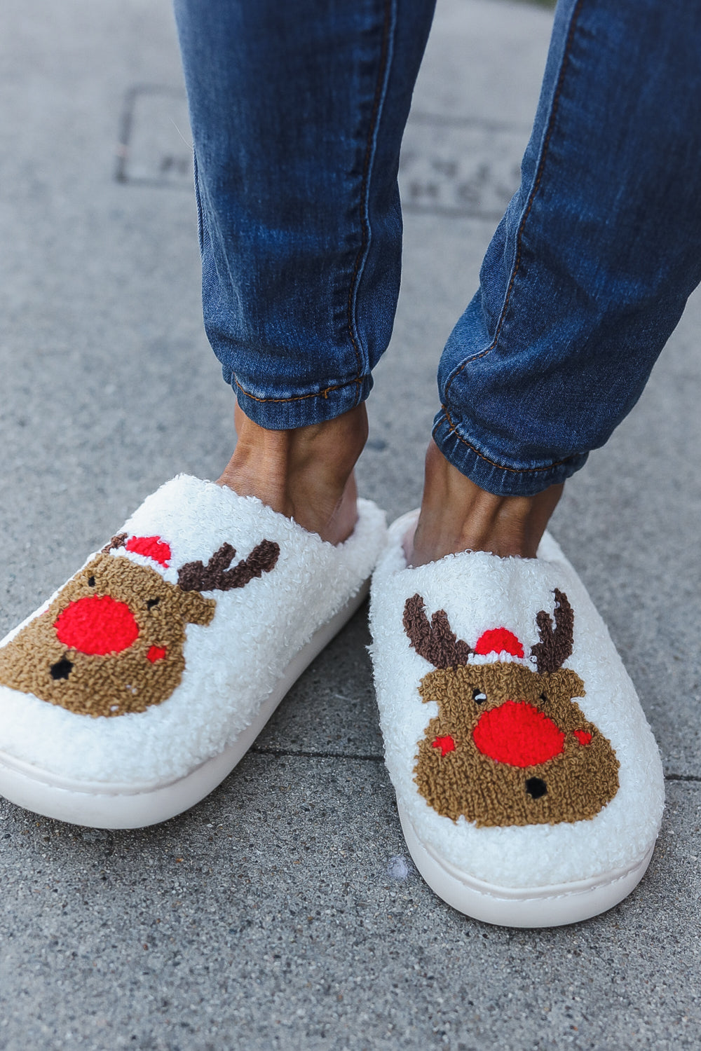 Holiday Red Nose Reindeer Print Fleece Slippers-Cezanne-[option4]-[option5]-[option6]-[option7]-[option8]-Shop-Boutique-Clothing-for-Women-Online