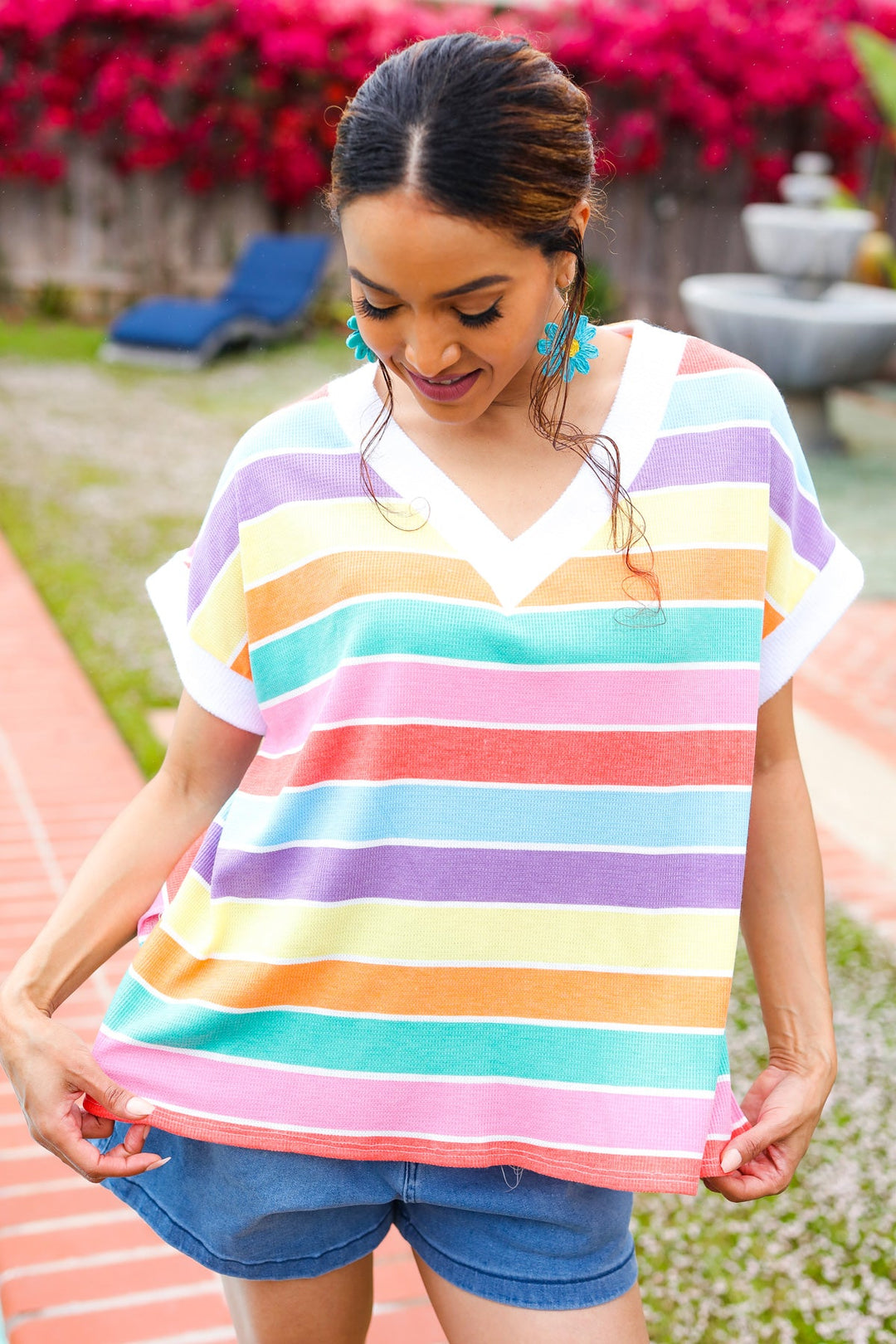 Sieze The Day Rainbow Striped V Neck Drop Shoulder Thermal Knit Top-Haptics-[option4]-[option5]-[option6]-[option7]-[option8]-Shop-Boutique-Clothing-for-Women-Online