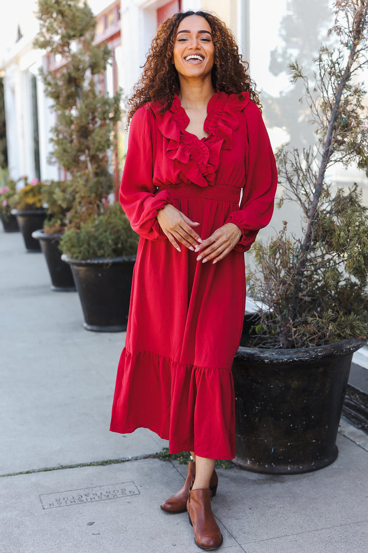 Beautiful You Holiday Red Overlap Ruffle V Neck Midi Dress-Haptics-[option4]-[option5]-[option6]-[option7]-[option8]-Shop-Boutique-Clothing-for-Women-Online