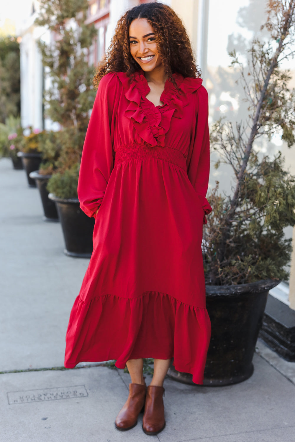 Beautiful You Holiday Red Overlap Ruffle V Neck Midi Dress-Haptics-[option4]-[option5]-[option6]-[option7]-[option8]-Shop-Boutique-Clothing-for-Women-Online