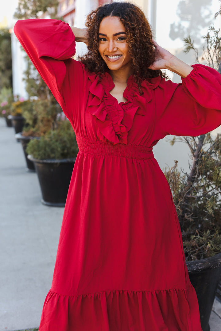 Beautiful You Holiday Red Overlap Ruffle V Neck Midi Dress-Haptics-[option4]-[option5]-[option6]-[option7]-[option8]-Shop-Boutique-Clothing-for-Women-Online