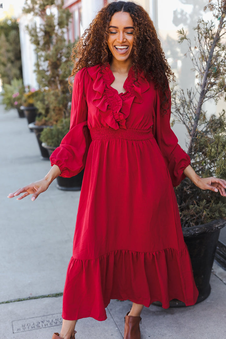 Beautiful You Holiday Red Overlap Ruffle V Neck Midi Dress-Haptics-[option4]-[option5]-[option6]-[option7]-[option8]-Shop-Boutique-Clothing-for-Women-Online