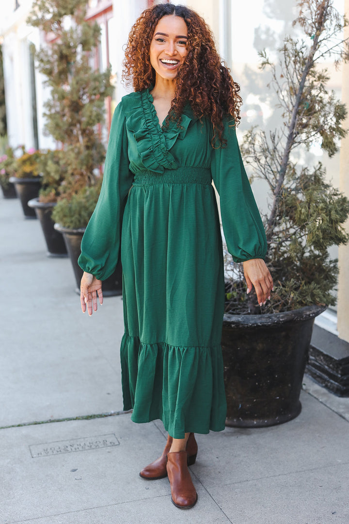 Beautiful You Holiday Green Overlap Ruffle V Neck Midi Dress-Haptics-[option4]-[option5]-[option6]-[option7]-[option8]-Shop-Boutique-Clothing-for-Women-Online