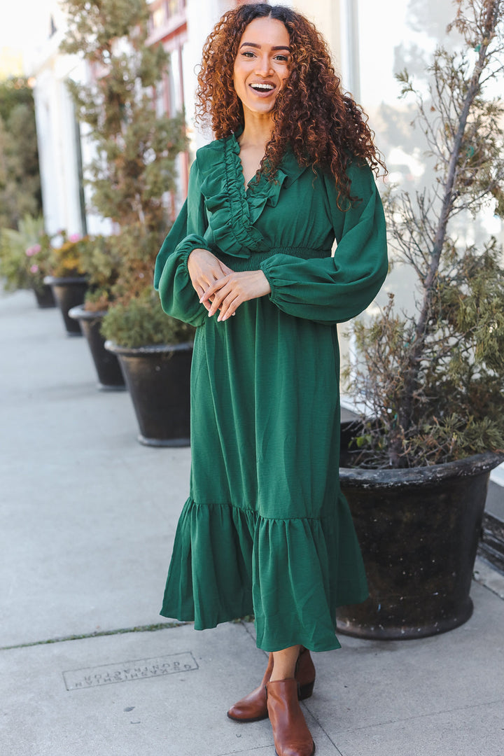 Beautiful You Holiday Green Overlap Ruffle V Neck Midi Dress-Haptics-[option4]-[option5]-[option6]-[option7]-[option8]-Shop-Boutique-Clothing-for-Women-Online