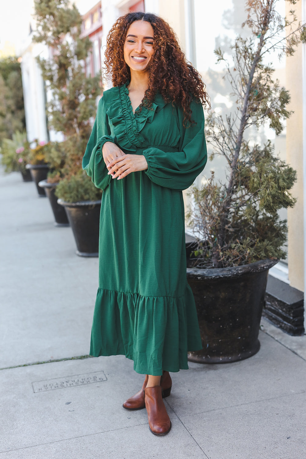 Beautiful You Holiday Green Overlap Ruffle V Neck Midi Dress-Haptics-[option4]-[option5]-[option6]-[option7]-[option8]-Shop-Boutique-Clothing-for-Women-Online