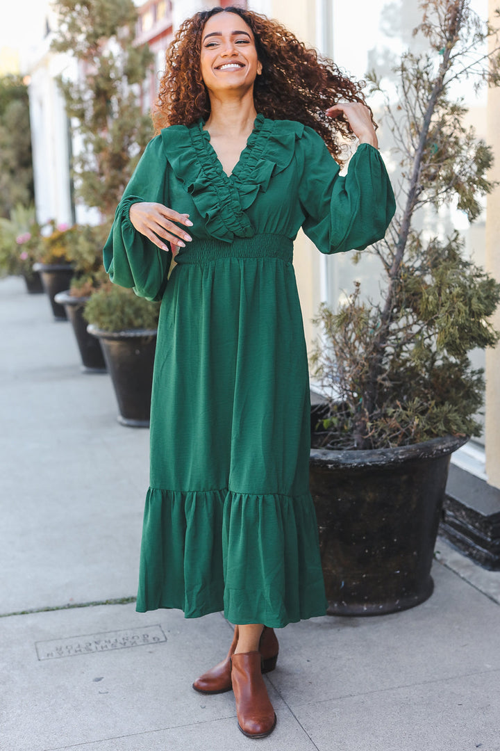 Beautiful You Holiday Green Overlap Ruffle V Neck Midi Dress-Haptics-[option4]-[option5]-[option6]-[option7]-[option8]-Shop-Boutique-Clothing-for-Women-Online