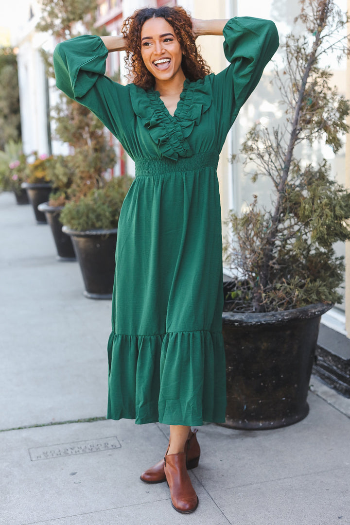 Beautiful You Holiday Green Overlap Ruffle V Neck Midi Dress-Haptics-[option4]-[option5]-[option6]-[option7]-[option8]-Shop-Boutique-Clothing-for-Women-Online