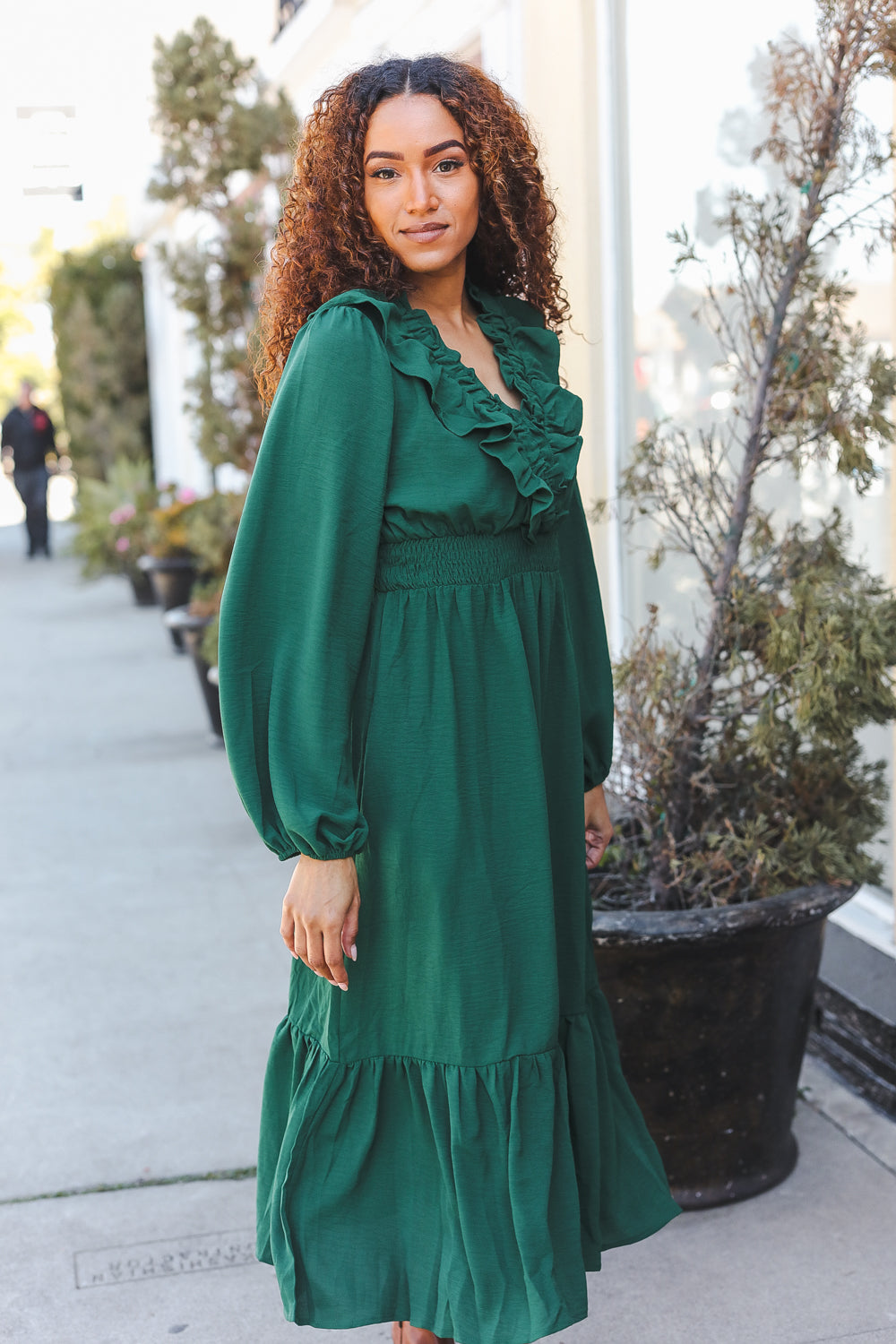 Beautiful You Holiday Green Overlap Ruffle V Neck Midi Dress-Haptics-[option4]-[option5]-[option6]-[option7]-[option8]-Shop-Boutique-Clothing-for-Women-Online