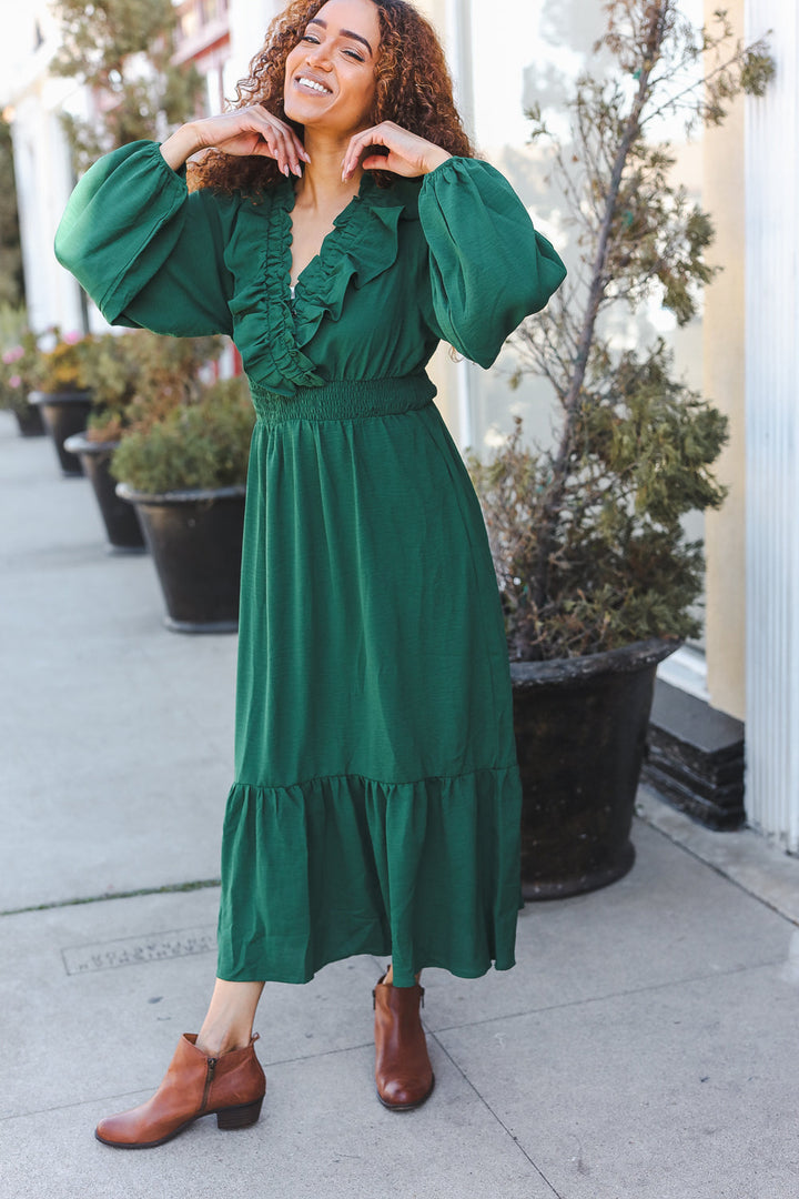 Beautiful You Holiday Green Overlap Ruffle V Neck Midi Dress-Haptics-[option4]-[option5]-[option6]-[option7]-[option8]-Shop-Boutique-Clothing-for-Women-Online