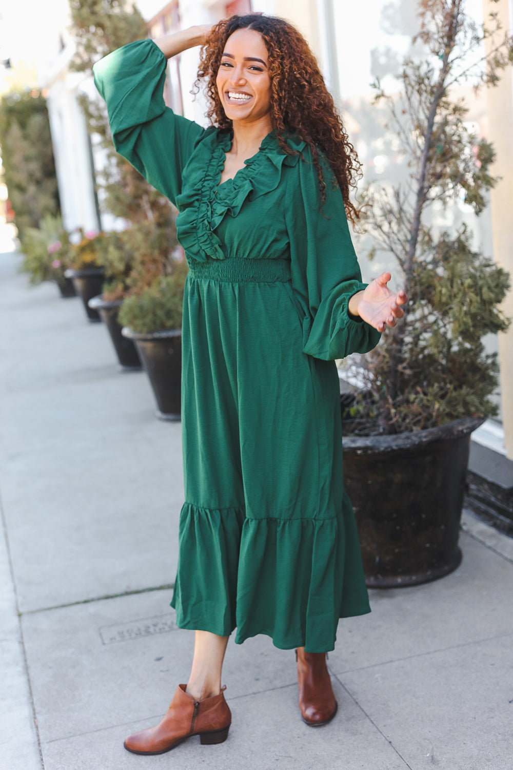 Beautiful You Holiday Green Overlap Ruffle V Neck Midi Dress-Haptics-[option4]-[option5]-[option6]-[option7]-[option8]-Shop-Boutique-Clothing-for-Women-Online