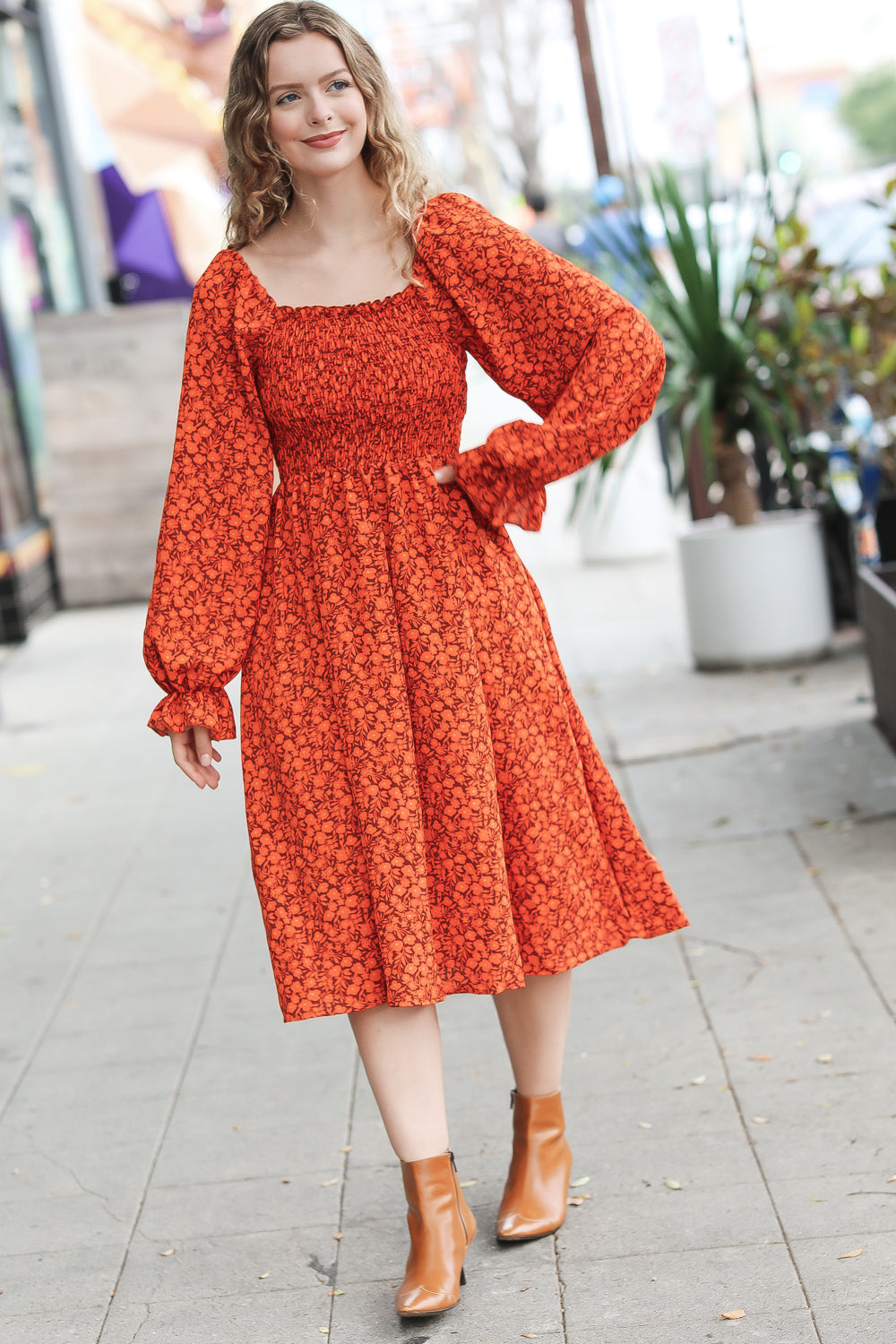 Haptics Keep You Close Rust Smocking Ditsy Floral Woven Dress-Haptics-[option4]-[option5]-[option6]-[option7]-[option8]-Shop-Boutique-Clothing-for-Women-Online