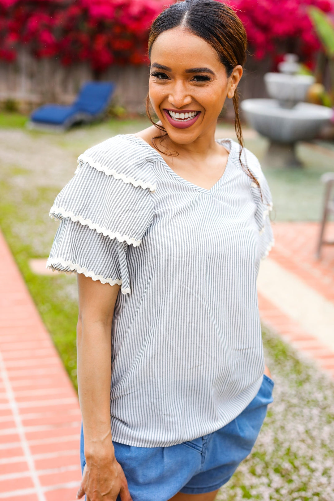 Lovely In Gray Stripe Tiered Ruffle Sleeve Ric Rac Trim Top-Haptics-[option4]-[option5]-[option6]-[option7]-[option8]-Shop-Boutique-Clothing-for-Women-Online