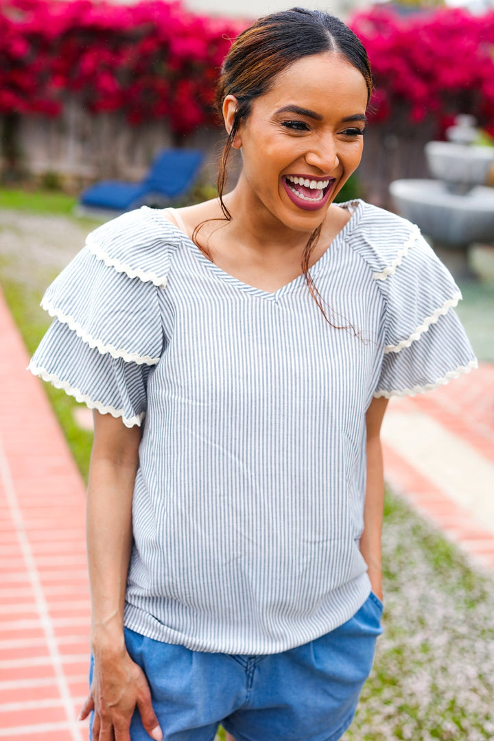 Lovely In Gray Stripe Tiered Ruffle Sleeve Ric Rac Trim Top-Haptics-[option4]-[option5]-[option6]-[option7]-[option8]-Shop-Boutique-Clothing-for-Women-Online