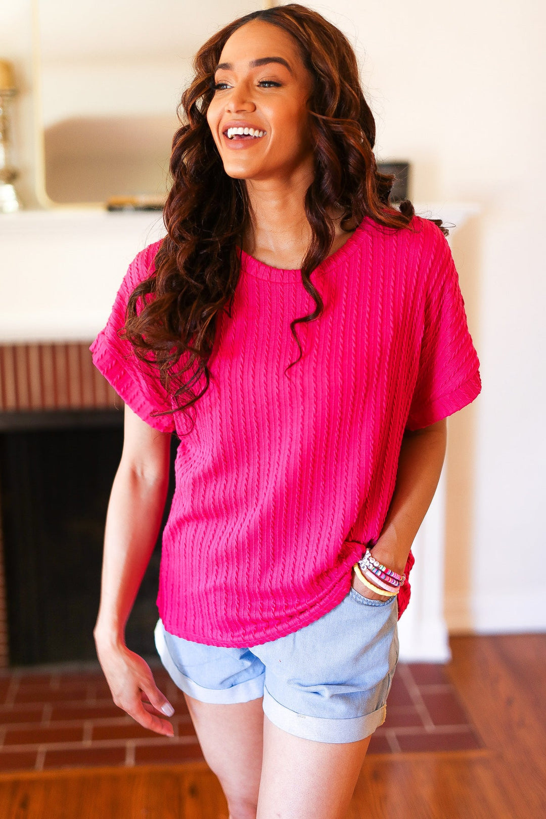 Be Your Best Fuchsia Cable Knit Dolman Short Sleeve Sweater Top-Haptics-[option4]-[option5]-[option6]-[option7]-[option8]-Shop-Boutique-Clothing-for-Women-Online