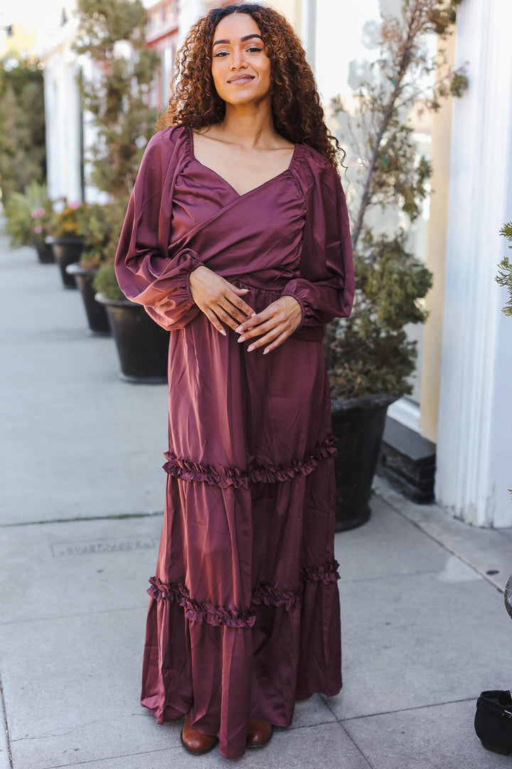 Holiday Vibes Wine Satin Front Overlap Smocked Back Maxi Dress-Haptics-[option4]-[option5]-[option6]-[option7]-[option8]-Shop-Boutique-Clothing-for-Women-Online