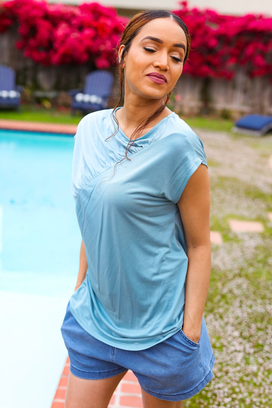 Charming in Aqua Asymmetrical Shirred Drop Shoulder Modal Top-Haptics-[option4]-[option5]-[option6]-[option7]-[option8]-Shop-Boutique-Clothing-for-Women-Online