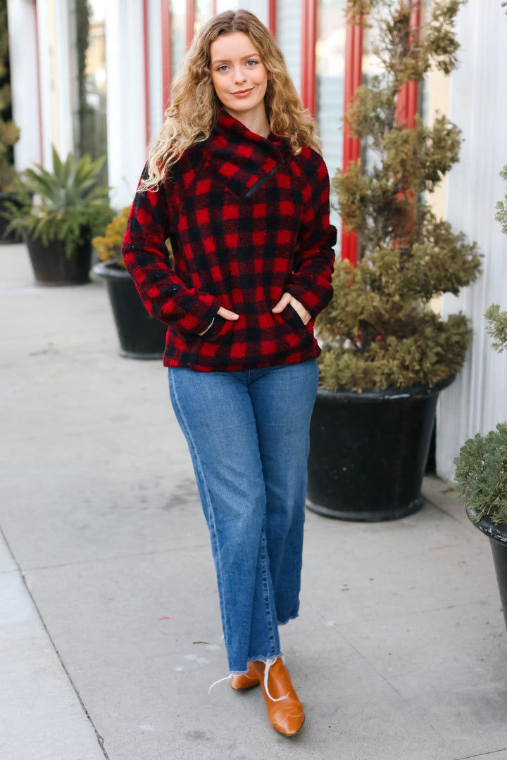 Cozy Red Sherpa Plaid Asymmetrical Zip Sweater Top-Hem & Thread-[option4]-[option5]-[option6]-[option7]-[option8]-Shop-Boutique-Clothing-for-Women-Online