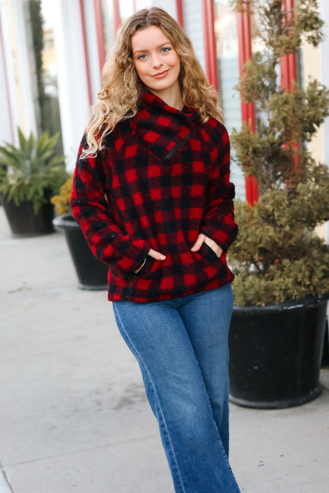 Cozy Red Sherpa Plaid Asymmetrical Zip Sweater Top-Hem & Thread-[option4]-[option5]-[option6]-[option7]-[option8]-Shop-Boutique-Clothing-for-Women-Online