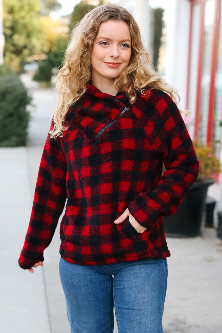 Cozy Red Sherpa Plaid Asymmetrical Zip Sweater Top-Hem & Thread-[option4]-[option5]-[option6]-[option7]-[option8]-Shop-Boutique-Clothing-for-Women-Online