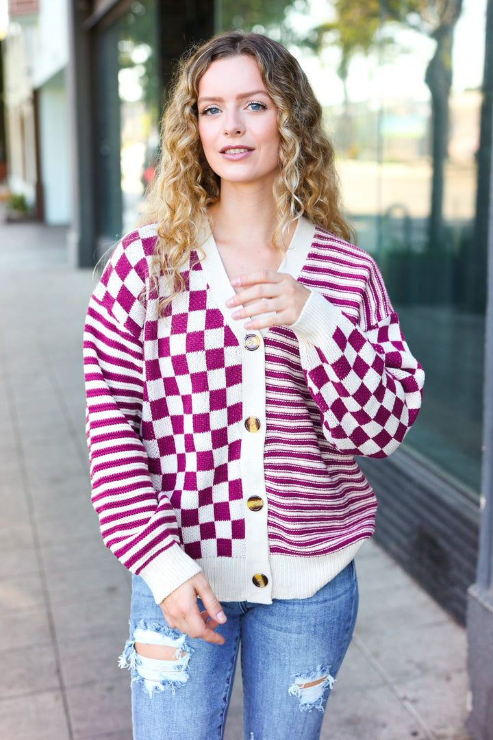 Cozy Days Magenta Checkered & Striped Button-Down Cardigan-Haptics-[option4]-[option5]-[option6]-[option7]-[option8]-Shop-Boutique-Clothing-for-Women-Online