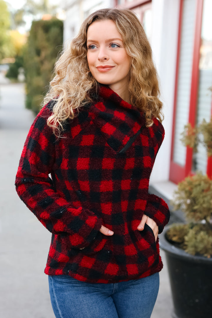 Cozy Red Sherpa Plaid Asymmetrical Zip Sweater Top-Hem & Thread-[option4]-[option5]-[option6]-[option7]-[option8]-Shop-Boutique-Clothing-for-Women-Online