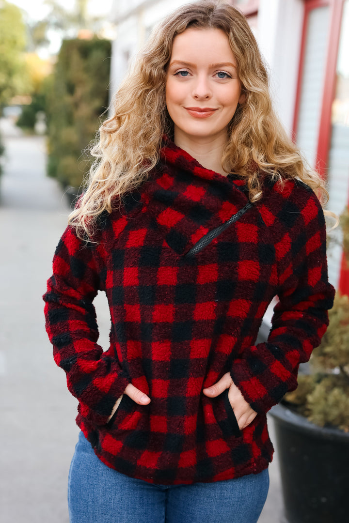 Cozy Red Sherpa Plaid Asymmetrical Zip Sweater Top-Hem & Thread-[option4]-[option5]-[option6]-[option7]-[option8]-Shop-Boutique-Clothing-for-Women-Online