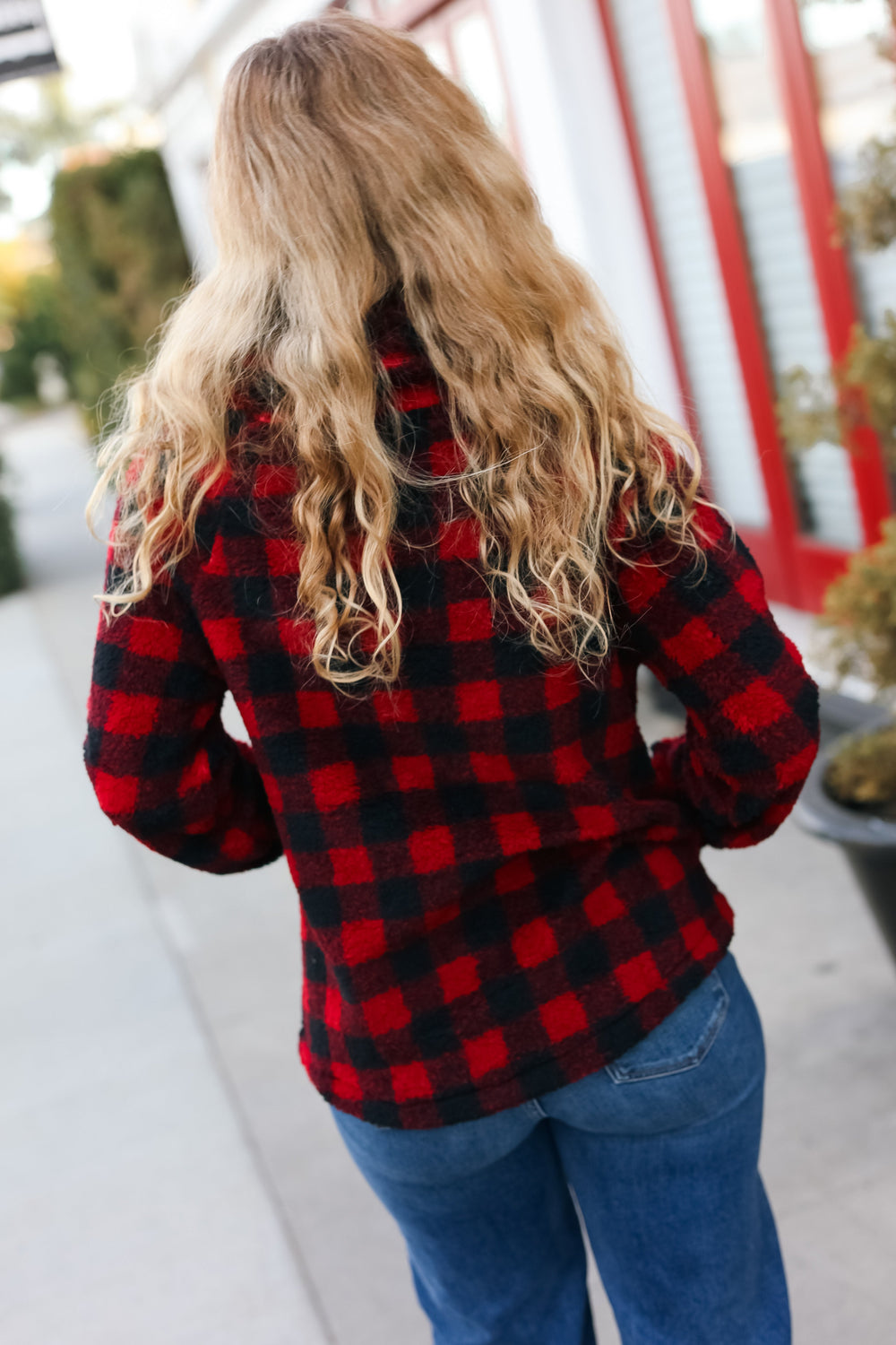 So Cozy Red Sherpa Plaid Asymmetrical Zip Sweater Top-Hem & Thread-[option4]-[option5]-[option6]-[option7]-[option8]-Shop-Boutique-Clothing-for-Women-Online
