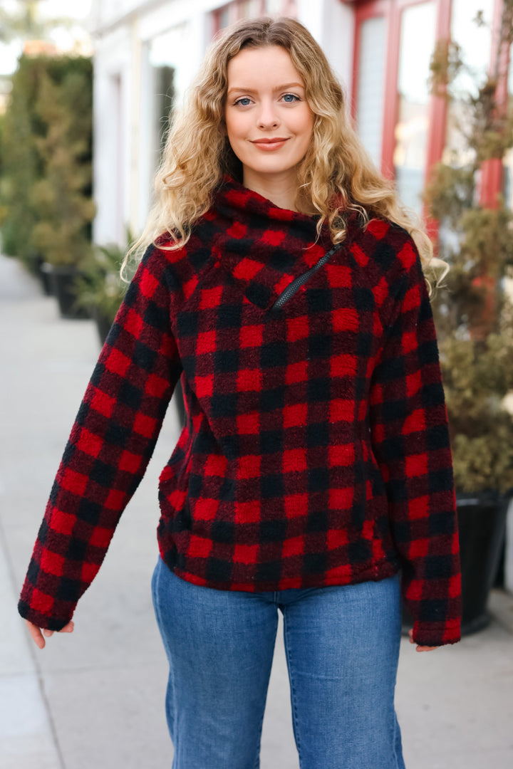 Cozy Red Sherpa Plaid Asymmetrical Zip Sweater Top-Hem & Thread-[option4]-[option5]-[option6]-[option7]-[option8]-Shop-Boutique-Clothing-for-Women-Online