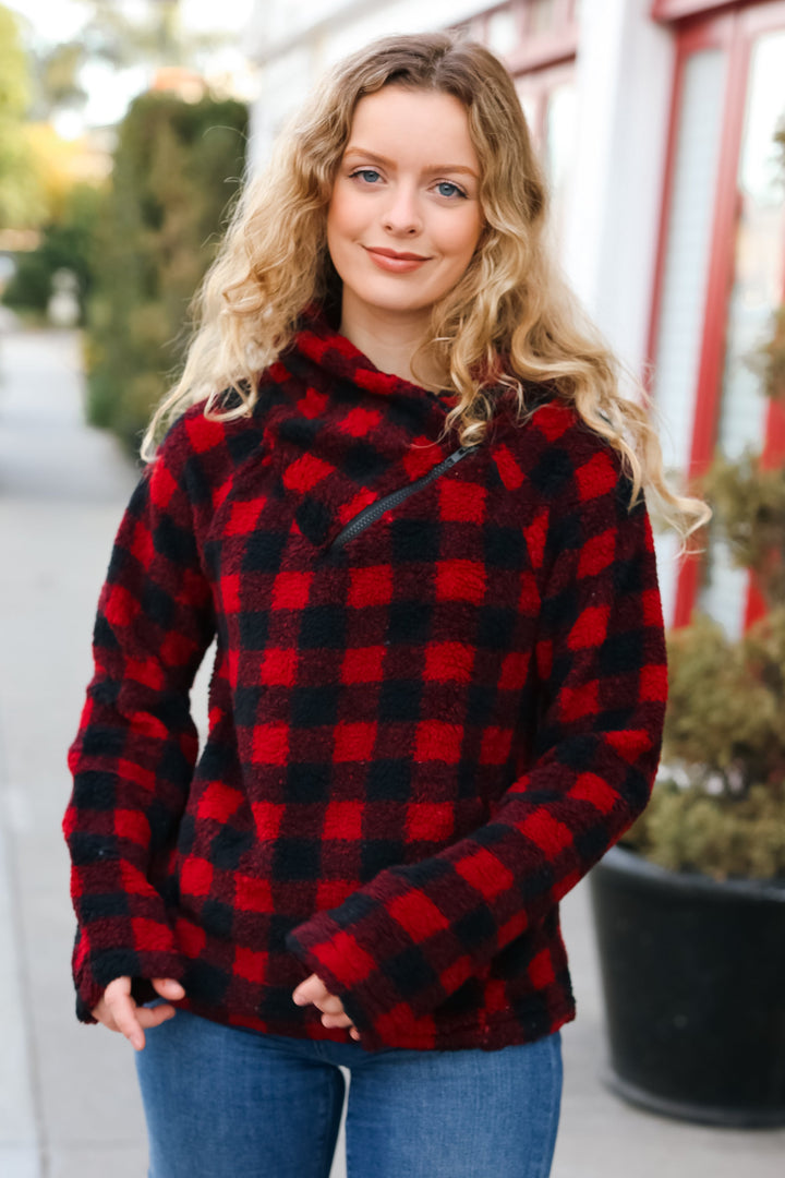 Cozy Red Sherpa Plaid Asymmetrical Zip Sweater Top-Hem & Thread-[option4]-[option5]-[option6]-[option7]-[option8]-Shop-Boutique-Clothing-for-Women-Online