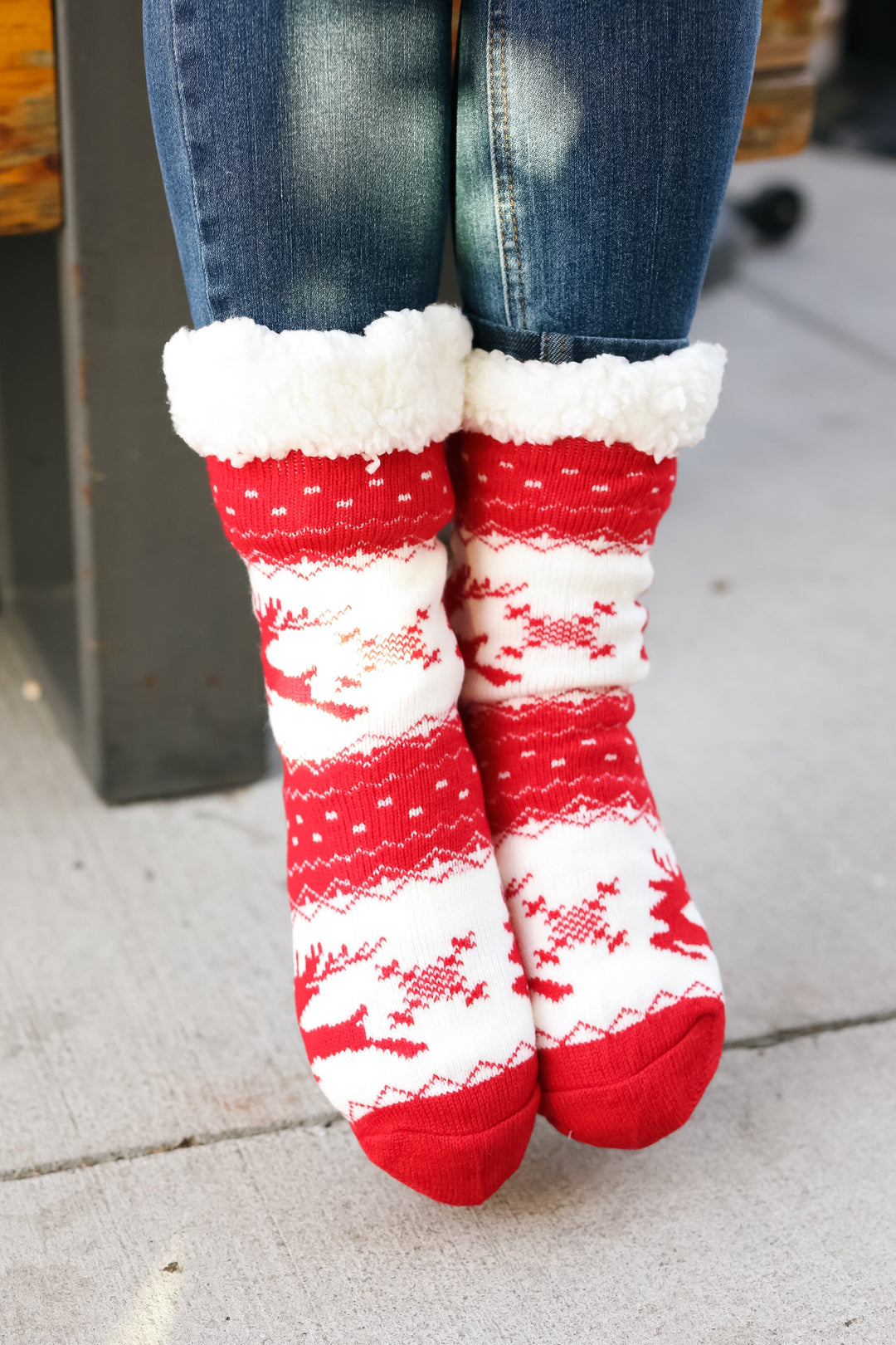Red Holiday Reindeer Sherpa Traction Bottom Slipper Socks-Bloom 2023 Winter Sale-One Size Fits All-[option4]-[option5]-[option6]-[option7]-[option8]-Shop-Boutique-Clothing-for-Women-Online