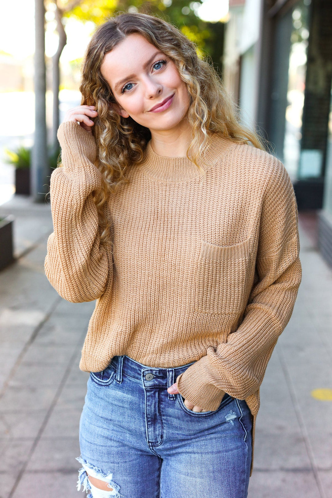 Classy Chic Taupe Mock Neck Chest Pocket Knit Sweater-Haptics-[option4]-[option5]-[option6]-[option7]-[option8]-Shop-Boutique-Clothing-for-Women-Online