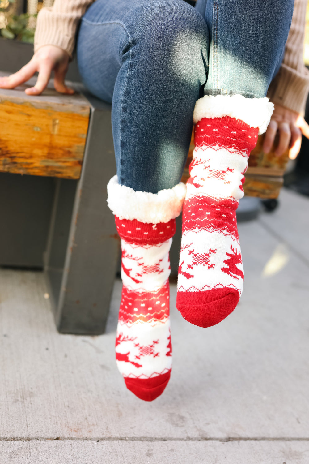 Red Holiday Reindeer Sherpa Traction Bottom Slipper Socks-Bloom 2023 Winter Sale-One Size Fits All-[option4]-[option5]-[option6]-[option7]-[option8]-Shop-Boutique-Clothing-for-Women-Online