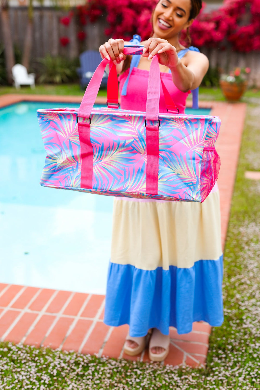 Pink & Blue Tropical Print Collapsible Canvas Strap Tote-Jane Claire-One Size Fits All-[option4]-[option5]-[option6]-[option7]-[option8]-Shop-Boutique-Clothing-for-Women-Online