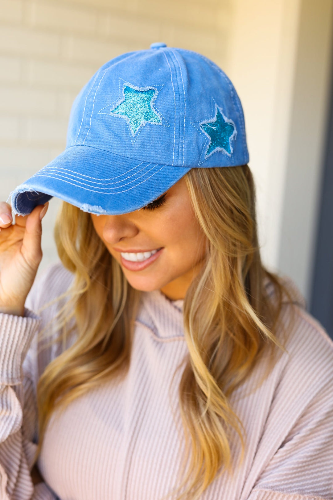 Blue Glitter Star Distressed Baseball Cap-Jane Claire-One Size Fits All-[option4]-[option5]-[option6]-[option7]-[option8]-Shop-Boutique-Clothing-for-Women-Online
