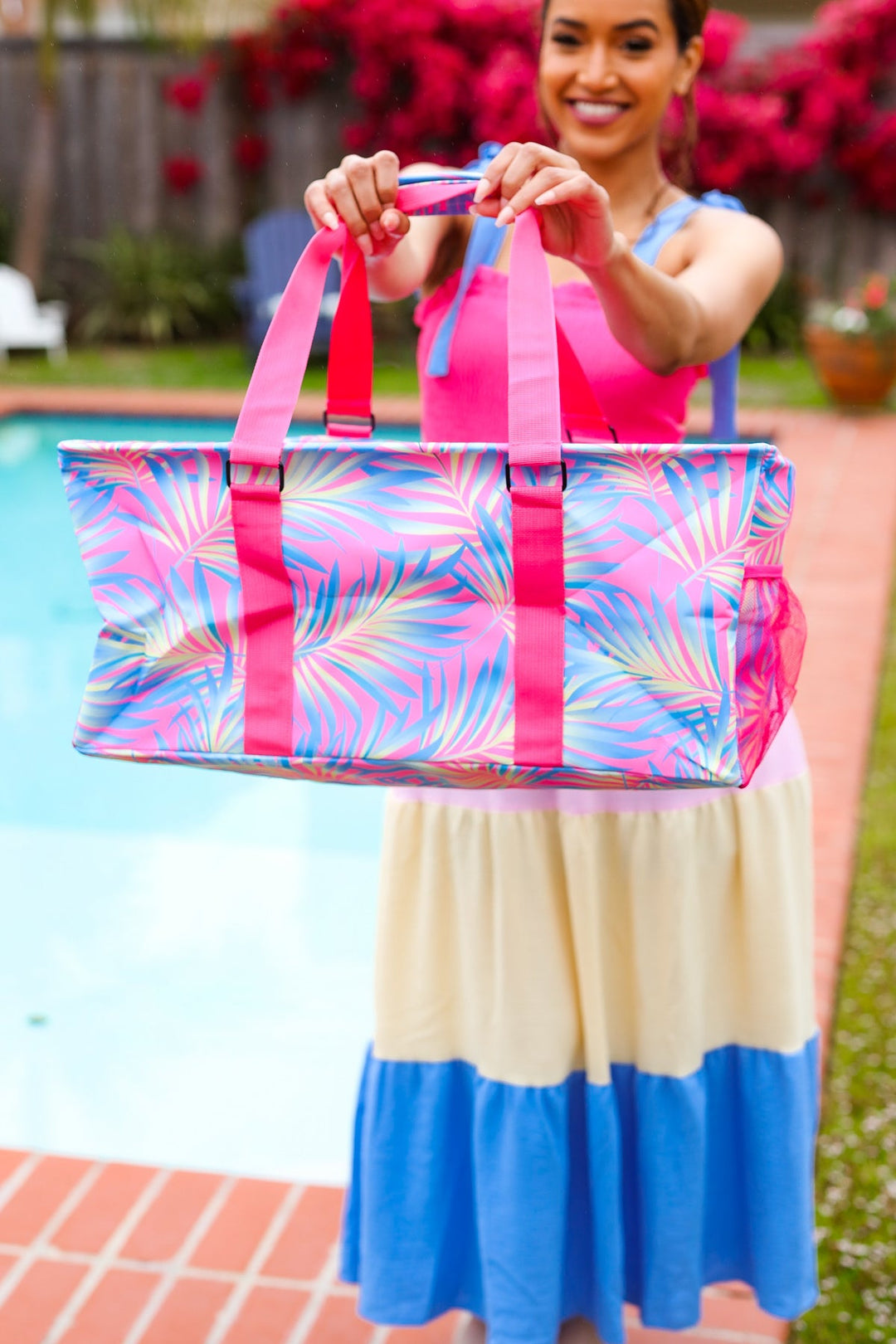 Pink & Blue Tropical Print Collapsible Canvas Strap Tote-Jane Claire-One Size Fits All-[option4]-[option5]-[option6]-[option7]-[option8]-Shop-Boutique-Clothing-for-Women-Online