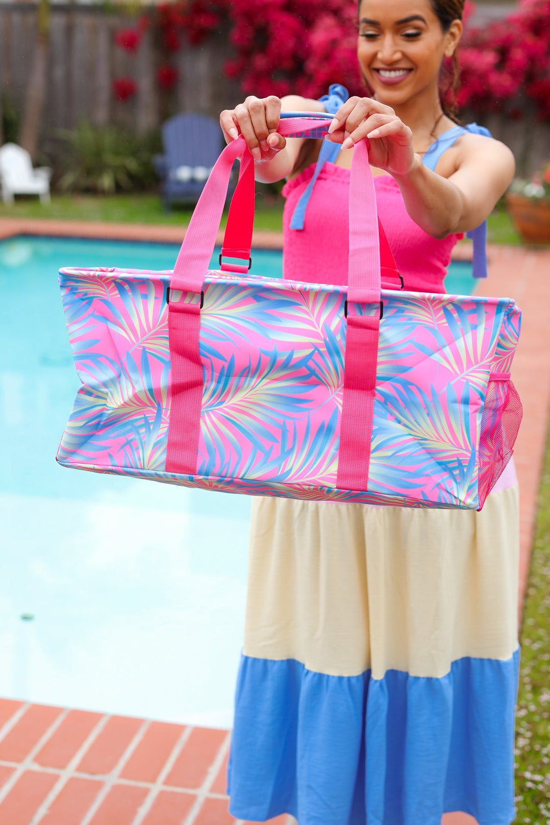 Pink & Blue Tropical Print Collapsible Canvas Strap Tote-Jane Claire-One Size Fits All-[option4]-[option5]-[option6]-[option7]-[option8]-Shop-Boutique-Clothing-for-Women-Online