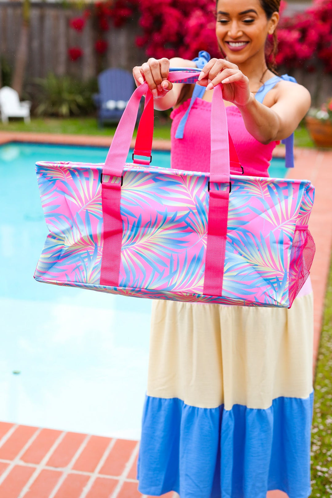 Pink & Blue Tropical Print Collapsible Canvas Strap Tote-Jane Claire-One Size Fits All-[option4]-[option5]-[option6]-[option7]-[option8]-Shop-Boutique-Clothing-for-Women-Online